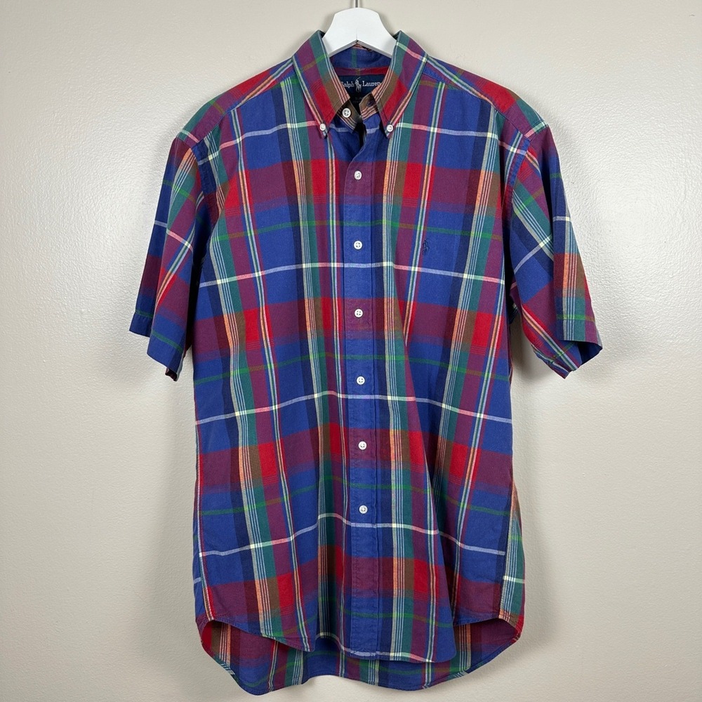 Ralph Lauren Men's Medium Button Down Shirt Blue Red Plaid Blake Cotton S/S